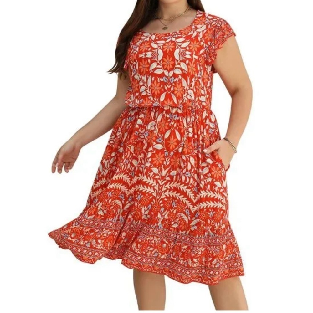 Red Floral Dress with Blue and Cream Accents, Flowy Sleeves, Size 20